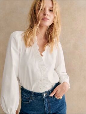 Sezane White Ruffled Button-Down Blouse